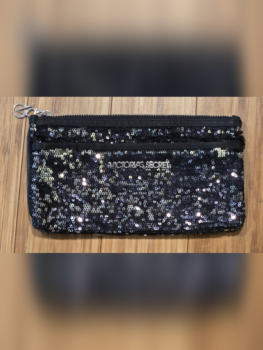 Victoria's Secret Black Sequin Zip Clutch with Silver Logo